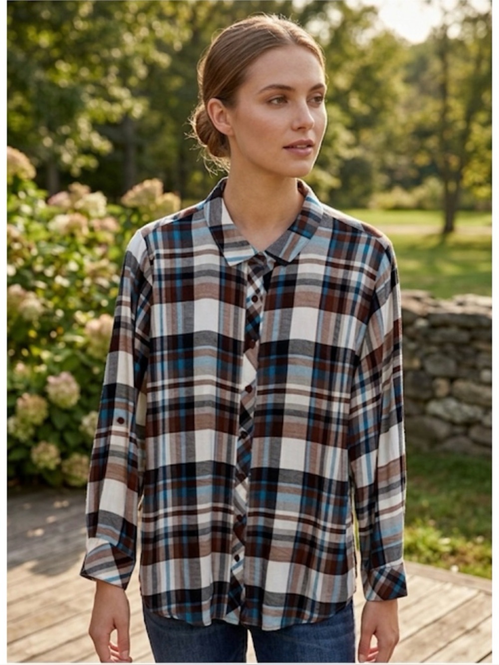 TOOMI Plaid Button Front Shirt, Women’s XL, White Brown Teal